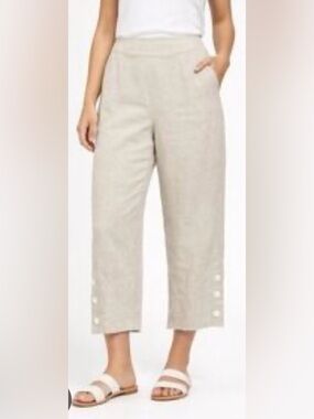 Chico’s 100% Linen Capri Pants Womens 2.5 US 14 Tapered Beige Side Button EUC